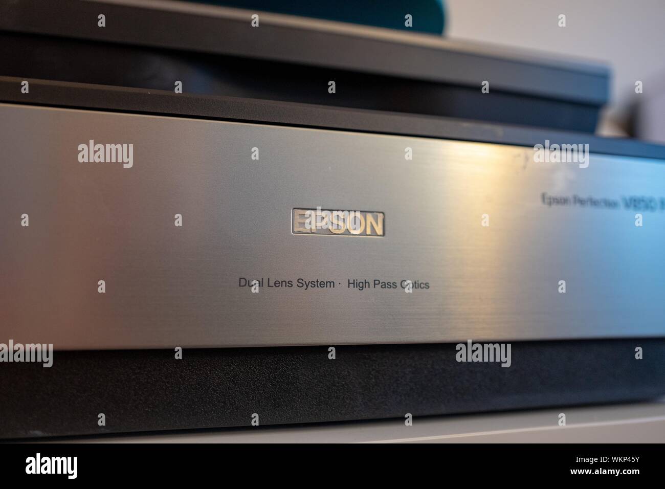 Close-up Logo für Epson auf High-end-fotografische Scanner, 21. August 2019. () Stockfoto