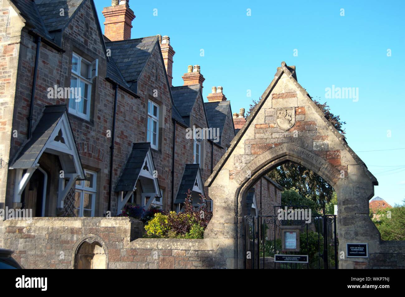 Eingang zur Stadt der Brunnen "Armenhäuser, Wells, Somerset, England Stockfoto