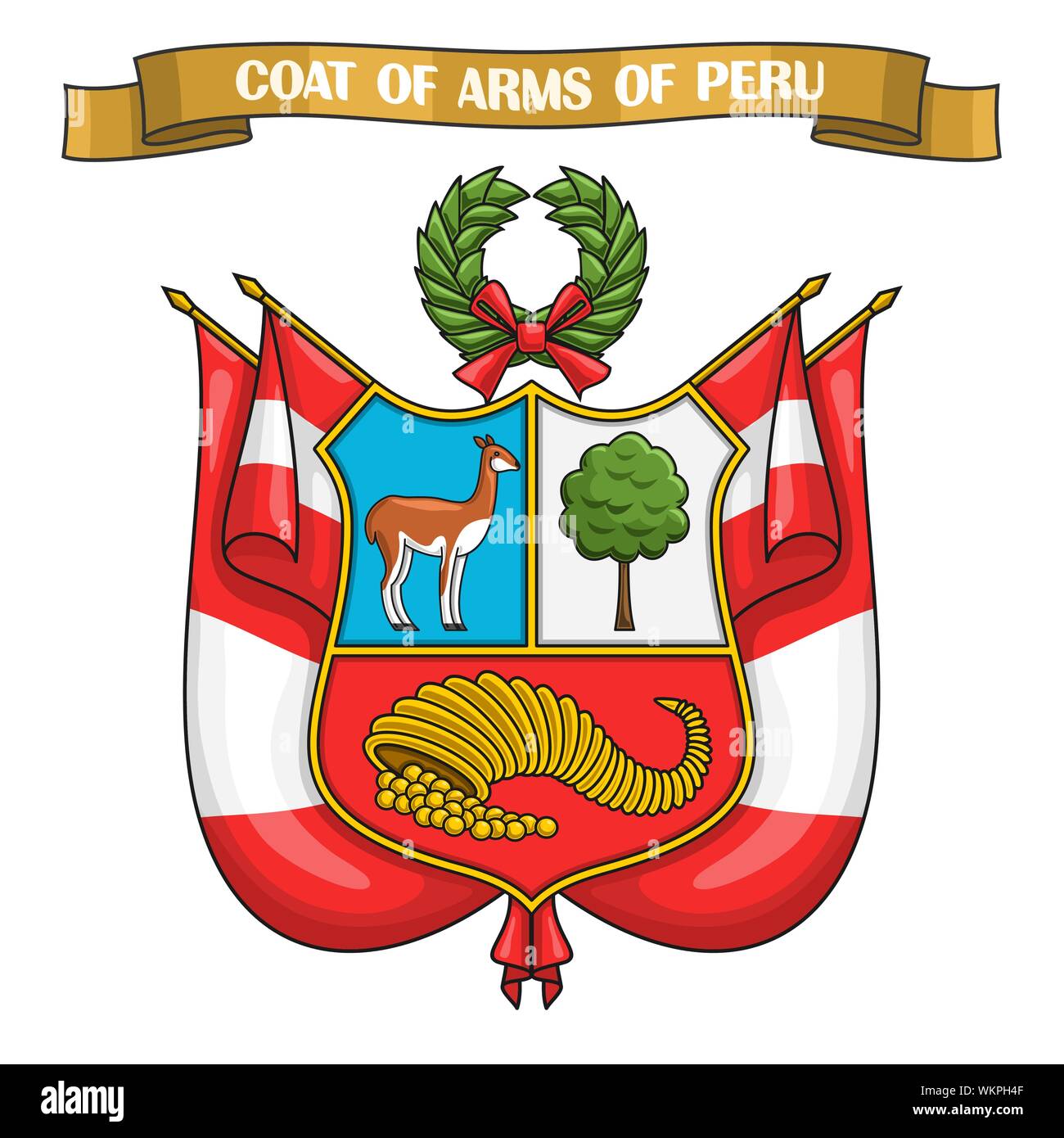 Vector Illustration auf Thema der Peruanischen Wappen, heraldische Schild auf nationale Flaggen - Emblem von Peru, in Ribbon Titel Text: Wappen der Stock Vektor
