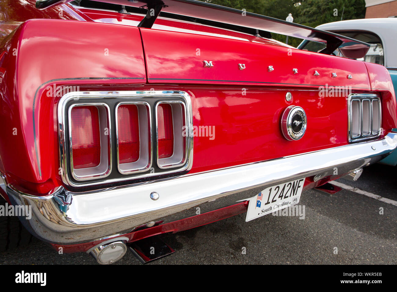 Nahaufnahme eines 1970er Ford Mustang Auto auf einem Oldtimertreffen in Matthews, North Carolina. Stockfoto