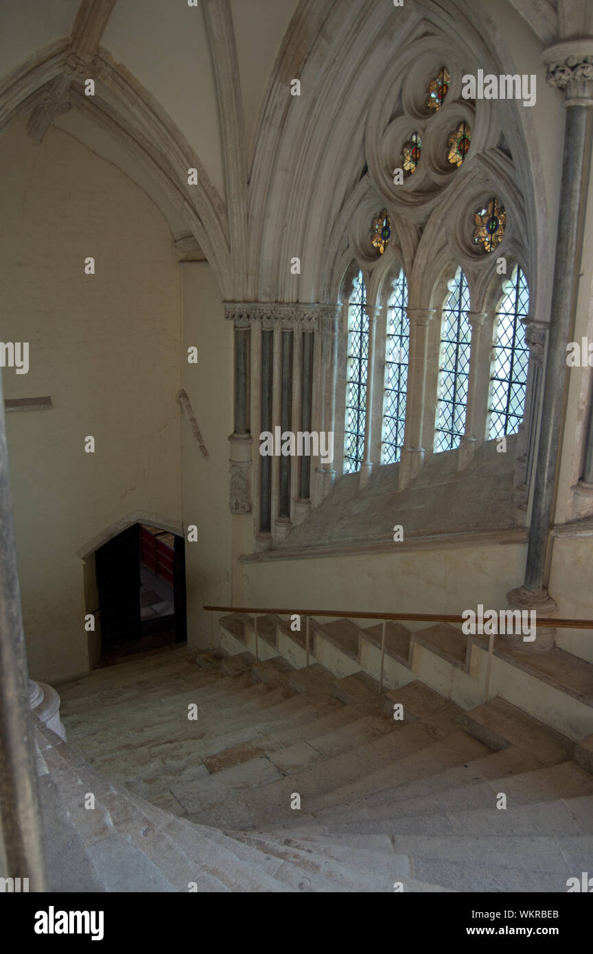 Treppe zum Kapitelsaal, Wells Cathedral, Somerset, England Stockfoto