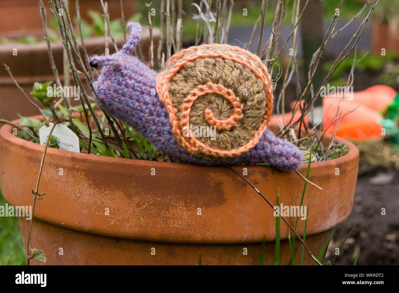 Gestrickte schnecke auf einem Blumentopf, Teil einer Anzeige in einem Englischen Garten, öffnen Sie unter den Nationalen Garten Sceme Stockfoto