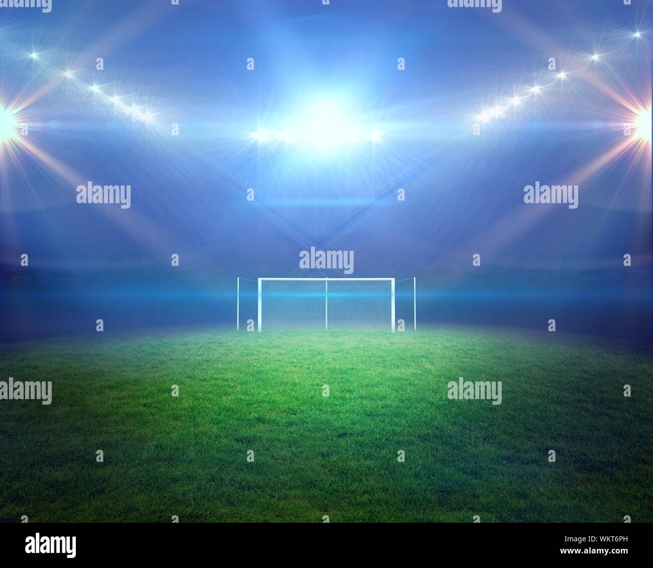 Digital Fußballplatz mit Lichtern und Torpfosten generiert Stockfoto