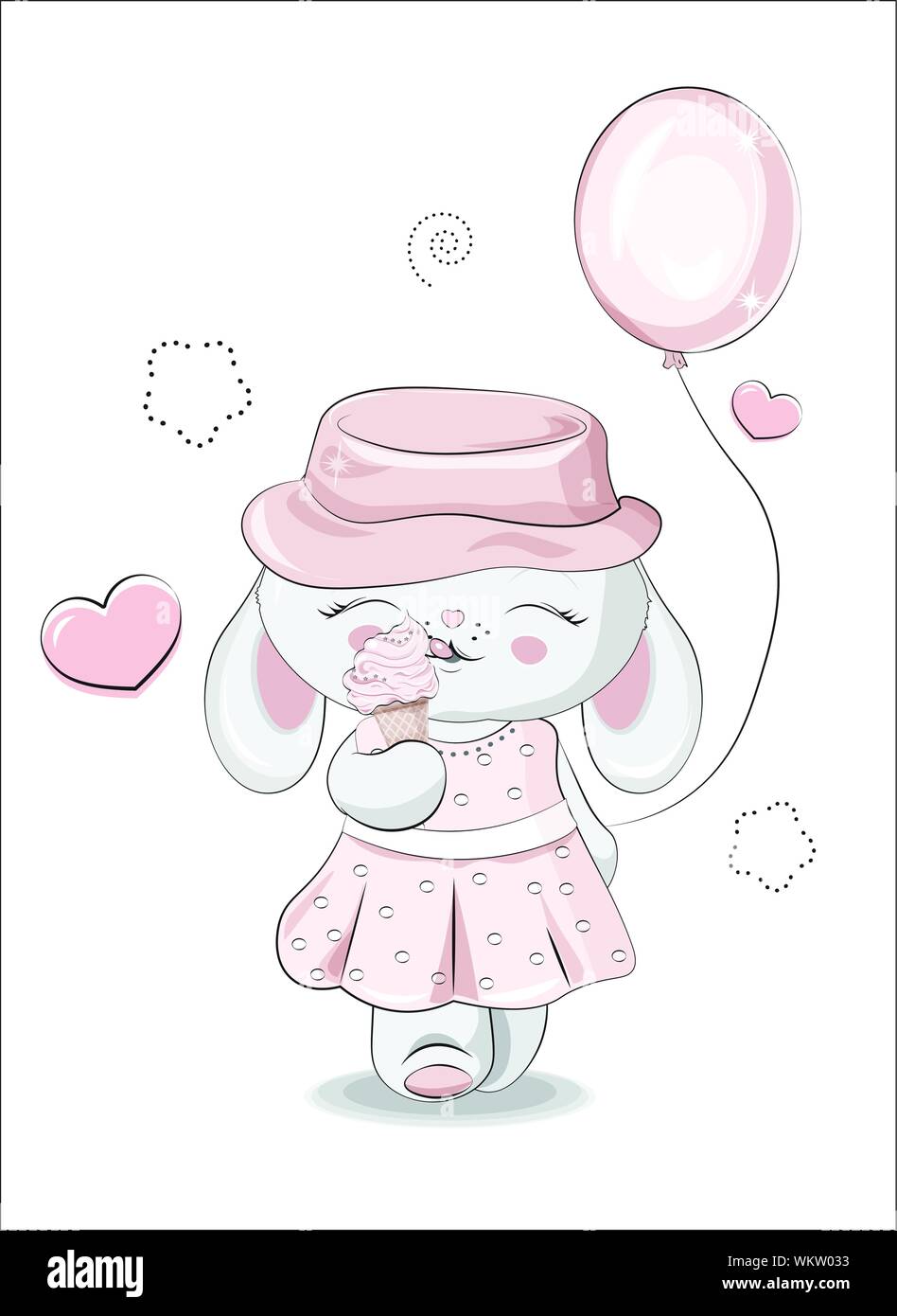 Das schöne Mädchen Honey Bunny, Kaninchen, in ein rosa Kleid und einem Hut, mit einem Ballon und Eis. Können für den t-shirt Druck verwendet werden, Kinder tragen Mode desi Stock Vektor