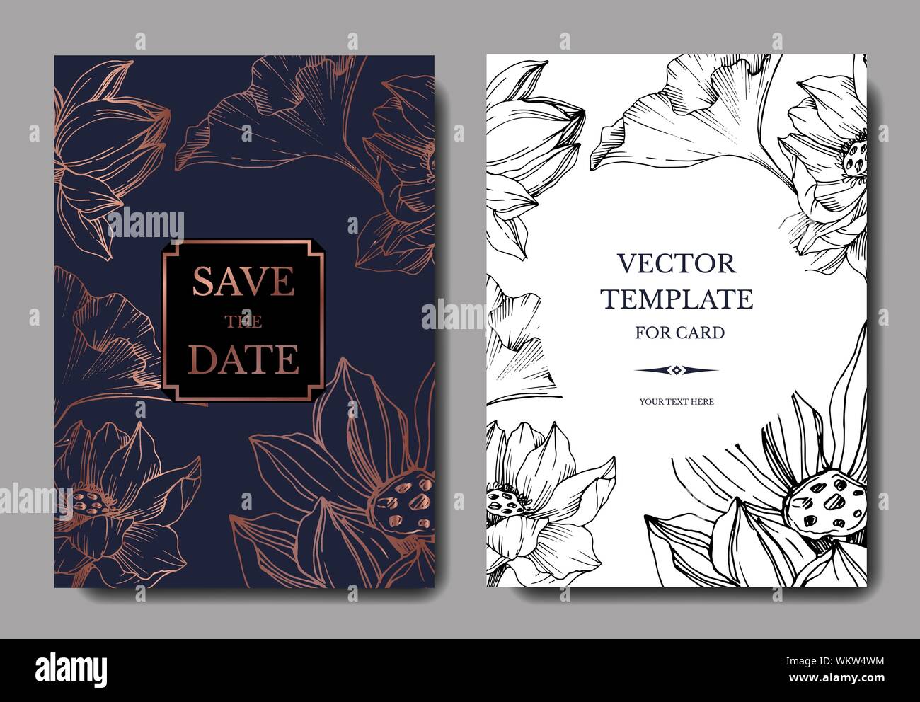 Vektor Lotus Blumen botanischen Blumen. Schwarz und weiß eingraviert Tinte Art Hochzeit hintergrund Karte dekorative Grenze. Stock Vektor