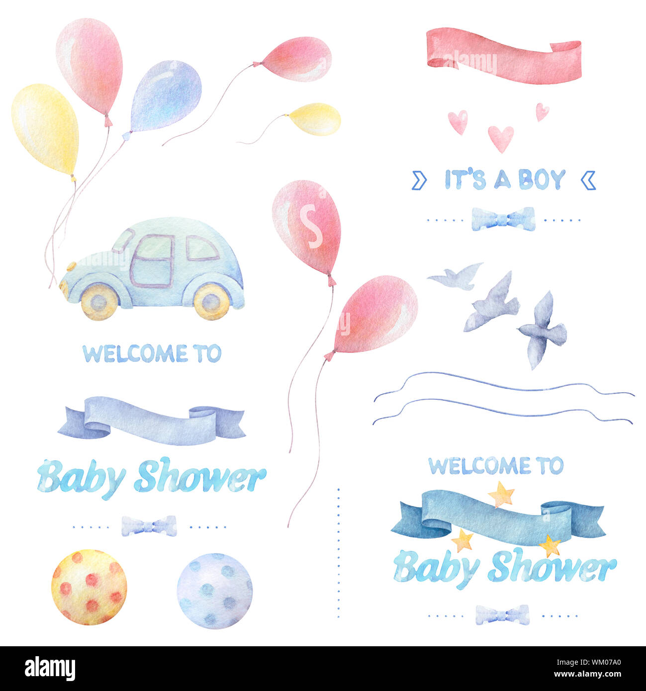 Aquarell Baby Clipart Baby Boy Schriftzug Bunte Luftballons Balle Vogel Herzen Sterne Bander Fliege Auto Weisser Hintergrund Print Q Stockfotografie Alamy