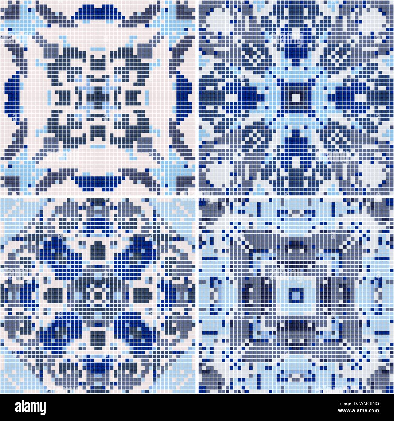 Eine Sammlung von Keramikfliesen in Blau retro Farben. Eine Reihe von quadratischen Muster im ethnischen Stil. Vector Illustration. Stock Vektor