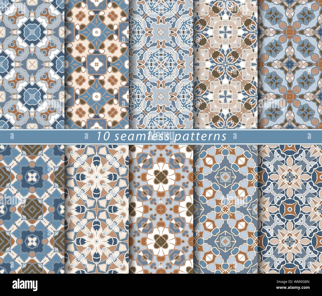 10 nahtlose Muster. Symmetrische rechteckige Ornament im ethnischen Stil. Arabisch florid Motiv. Stock Vektor