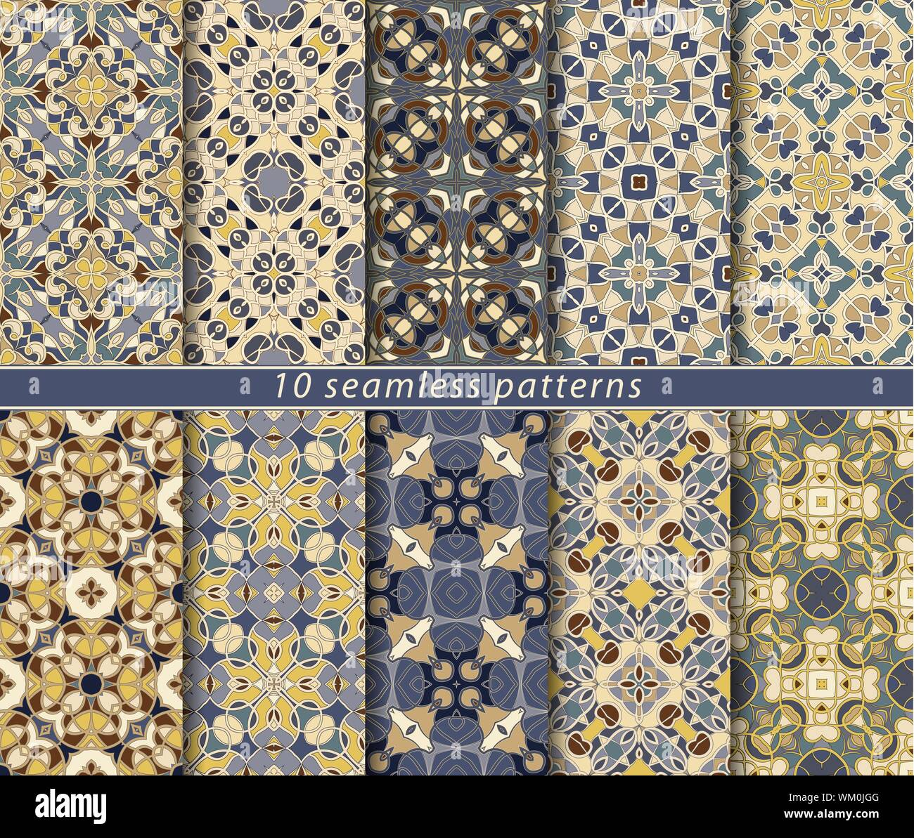 10 nahtlose Muster. Symmetrische rechteckige Ornament im ethnischen Stil. Arabisch florid Motiv. Stock Vektor
