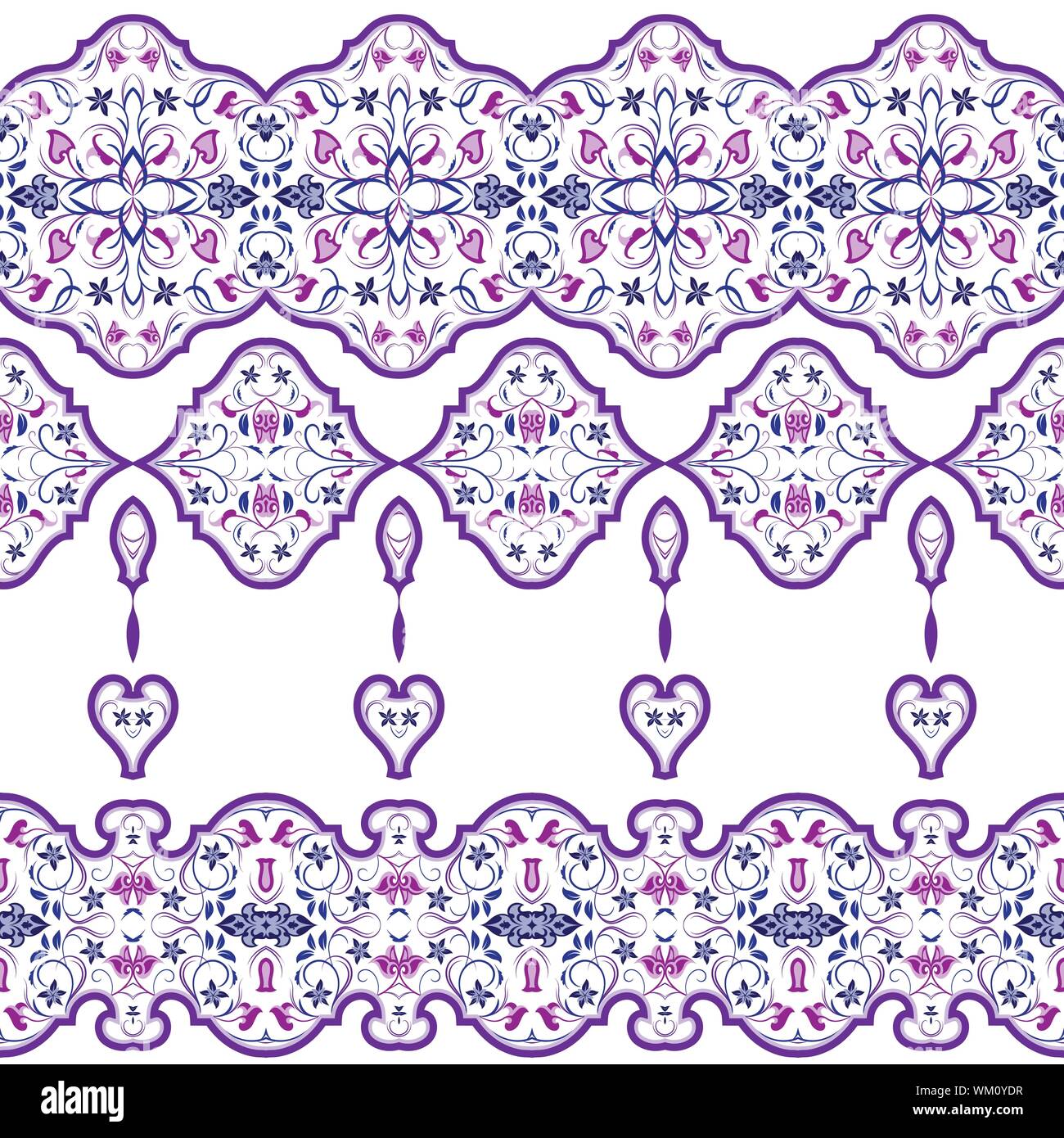 Nahtlose arabischen Mustern für die Grenze. Oriental Motif für Stoff oder Papier Design wiederholt. Violett Muster auf weißem Hintergrund. Stock Vektor