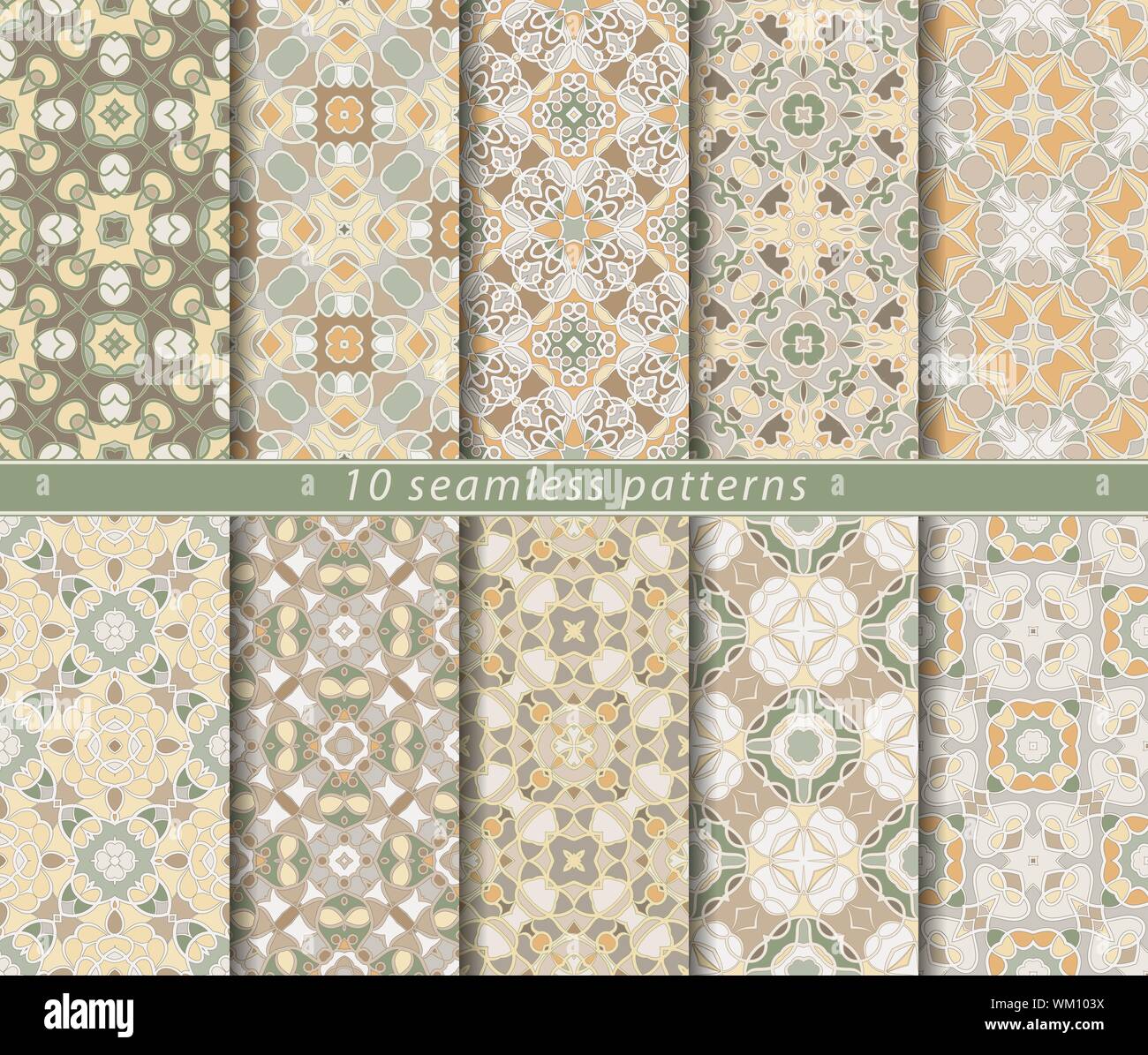 10 nahtlose Muster. Symmetrische rechteckige Ornament im ethnischen Stil. Arabisch florid Motiv. Stock Vektor