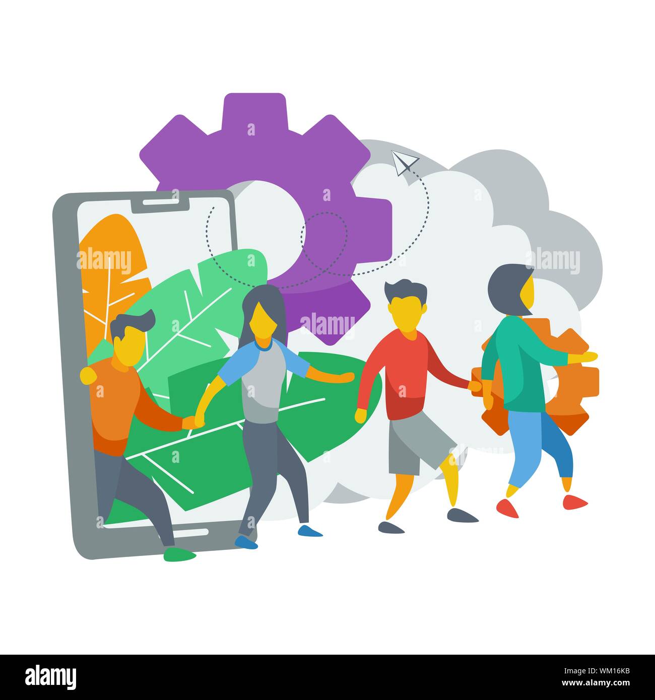 Die Leute fragen sich von mobilen Bildschirm. Empfehlungsmarketing, Network Marketing, Business Partnerschaft, Referral Programm Strategie. Flache cartoon Design, Vektor Stock Vektor