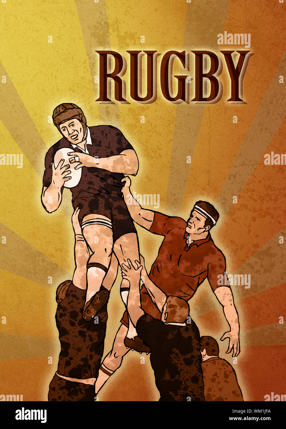 Poster Illustration ein Rugby-Spieler springen fangen Ball im Lineout im Grunge Texturen Hintergrund Stockfoto