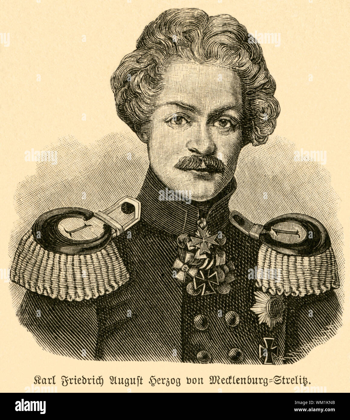 Europa, Deutschland, Niedersachsen, Hannover, Karl Friedrich August Herzog von Mecklenburg-Strelitz, Porträt aus: "Deutschlands Heerführer', 1640-1894, verewigt in den Namen der Regimenter und Bataillone des deutschen Heeres, in Wort und Bild dargestellt von Sprößer, Verlag Ferdinand Hirt & Sohn, Leipzig, 1895. / Europa, Deutschland, Niedersachsen, Hannover, Herzog Karl von Mecklenburg, Portrait von: "Deutschlands Heerführer" (Deutscher militärischer Führer), 1640-1894, von Sprößer, Verlag Ferdinand Hirt und Sohn, Leipzig, 1895 dargestellt. Stockfoto