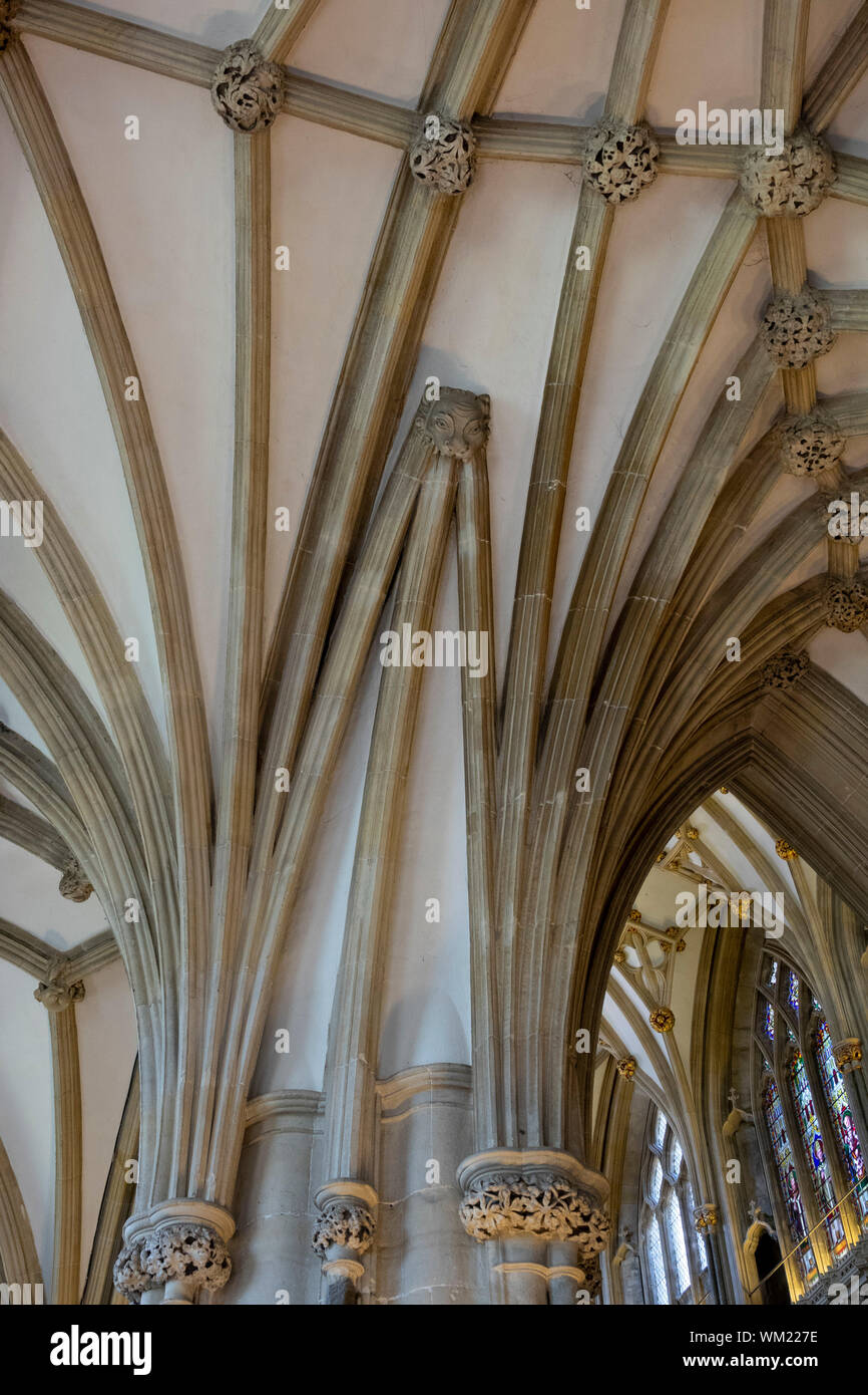 Ungerade vaulting in der Nähe der Marienkapelle, Wells Cathedral, Somerset, Großbritannien Stockfoto