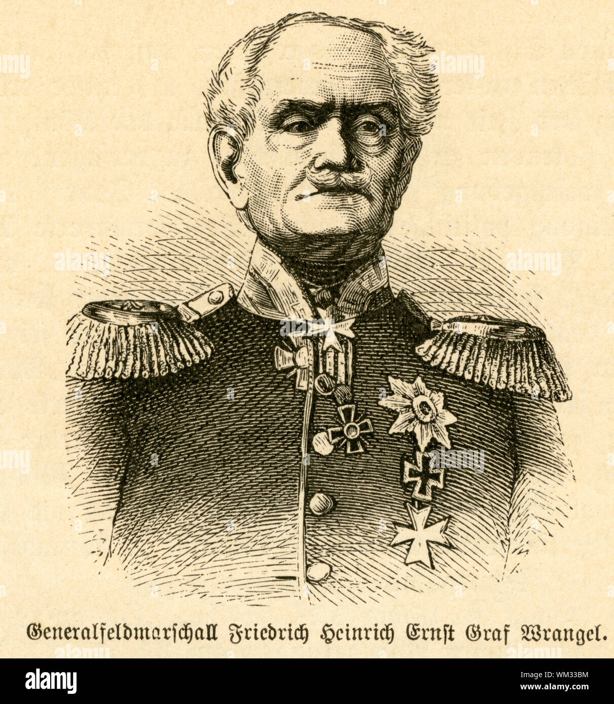 Europa, Deutschland, Friedrich Heinrich Ernst Graf Wrangel, preußischer Generalfeldmarschall, Porträt aus: "Deutschlands Heerführer', 1640 - 1894, verewigt in den Namen der Regimenter und Bataillone des deutschen Heeres, in Wort und Bild dargestellt von Sprößer, Verlag Ferdinand Hirt & Sohn, Leipzig, 1895. / Europa, Deutschland, Friedrich von Wrangel, preußischer Feldmarschall, Portrait von: "Deutschlands Heerführer" (Deutscher militärischer Führer), 1640-1894, von Sproesser, Verlag Hirt und Sohn, Leipzig, 1895 dargestellt. Stockfoto