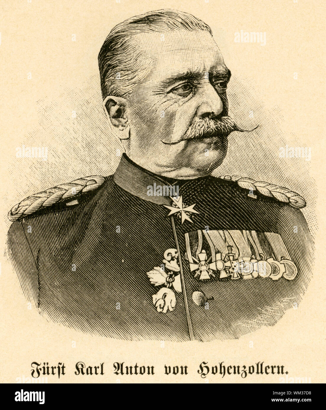 Europa, Deutschland, Baden-Württemberg, Krauchenwies, Fürst Karl Anton von Hohenzollern, Porträt aus: "Deutschlands Heerführer', 1640-1894, verewigt in den Namen der Regimenter und Bataillone des deutschen Heeres, in Wort und Bild dargestellt von Sprößer, Verlag Ferdinand Hirt & Sohn, Leipzig, 1895. / Europa, Deutschland, Baden-Württemberg, Krauchenwies, Karl Anton, Fürst von Hohenzollern-Sigmaringen, Portrait von: "Deutschlands Heerführer" (Deutscher militärischer Führer), durch Sprößer, Verlag Ferdinand Hirt und Sohn, Leipzig, 1895 dargestellt. Stockfoto