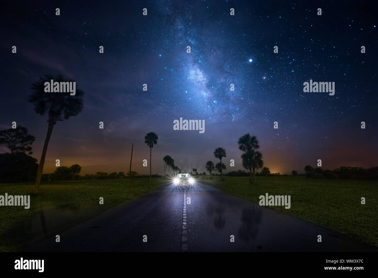 Ein Auto fährt unter der Milchstraße in Big Cypress National Preserve in Südflorida. Das Auto ist wirklich mein Toyota Prius;) Stockfoto
