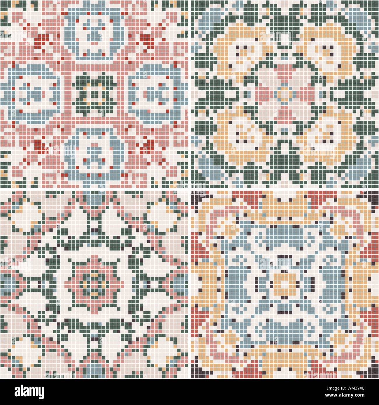 Eine Sammlung von Keramikfliesen in retro Farben. Eine Reihe von quadratischen Muster im ethnischen Stil. Vector Illustration. Stock Vektor
