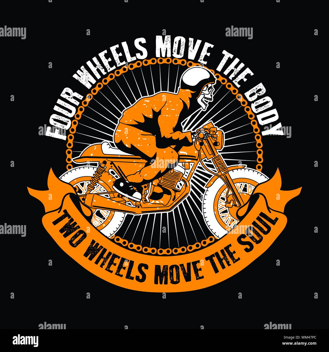 Biker-Zitat und Motto gut für T-Shirt. Vier Räder bewegen den Körper, zwei Rädern die Seele bewegen. Schädel fahrt Motorrad Abbildung. Stock Vektor