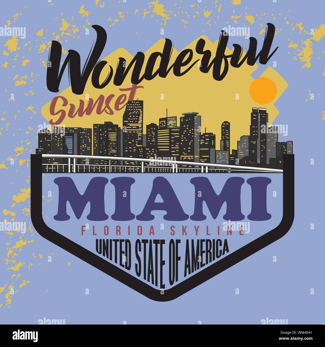 Wunderschöner Sonnenuntergang Skyline Miami Florida vereinigten Staaten von Amerika Slogan. Gut für T-shirt Graphic. Abbildung: Vektor. Stock Vektor
