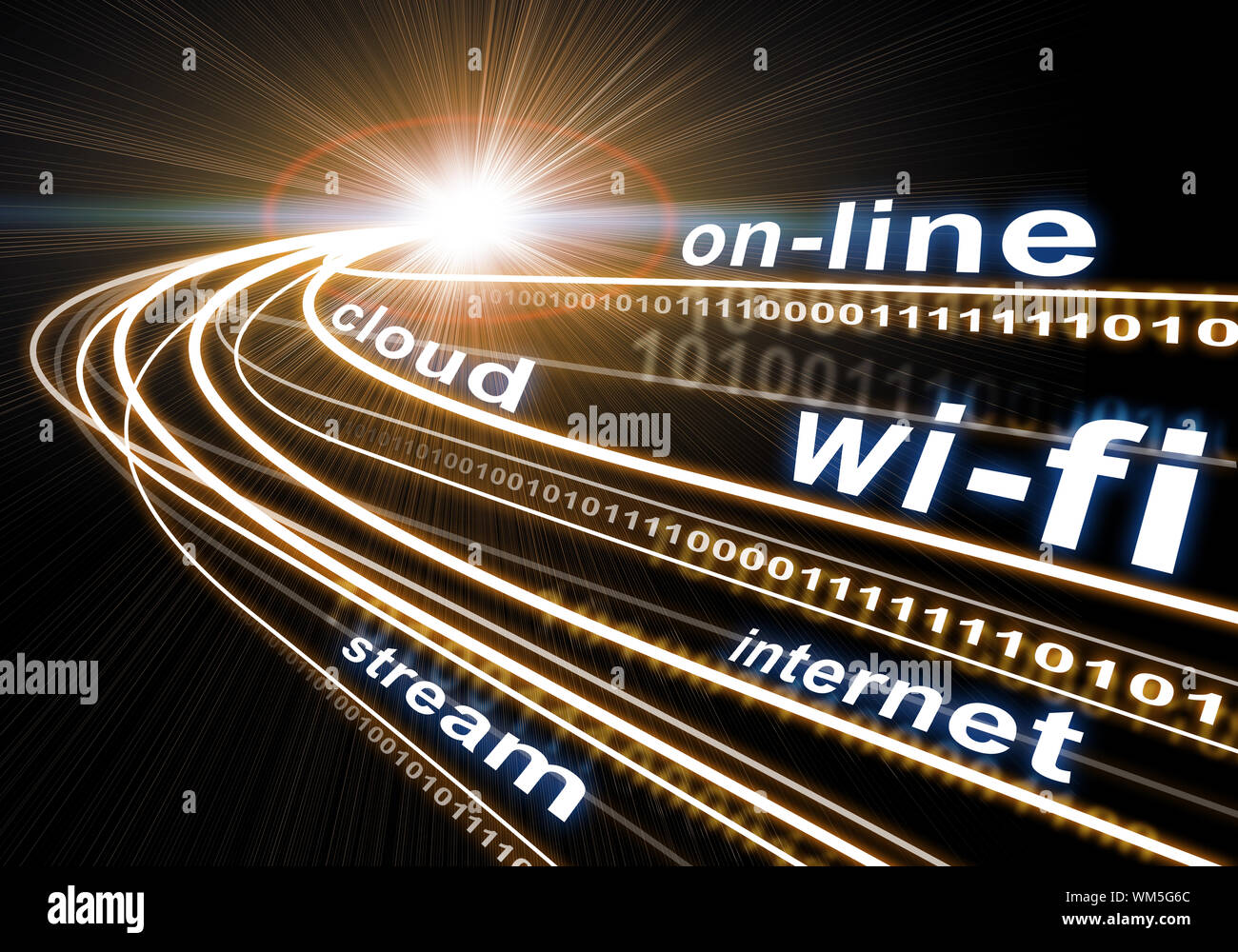 Strom der Lichtstrahlen mit Beschrifteten binären Code und Worte, on-line, Cloud, Wi-fi, Internet, Strom auf dunklem Hintergrund. Kommunikationskonzept. Stockfoto