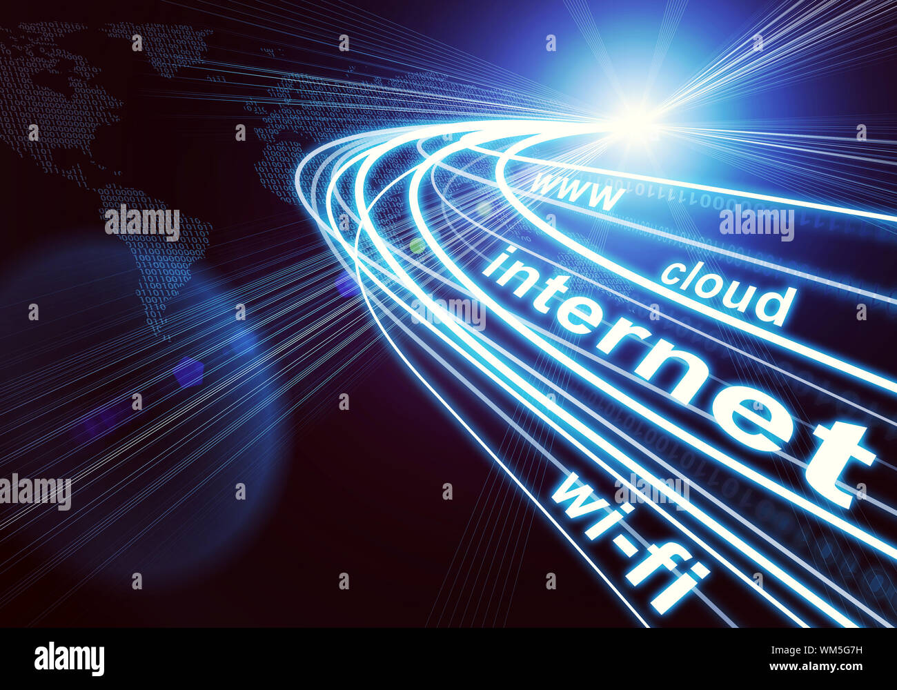 Kontinente aus Ziffern, Strom von Lichtstrahlen mit Beschrifteten binären Code und Worte www.cloud, Internet, Wi-fi auf dunklem Hintergrund. Communicatio Stockfoto