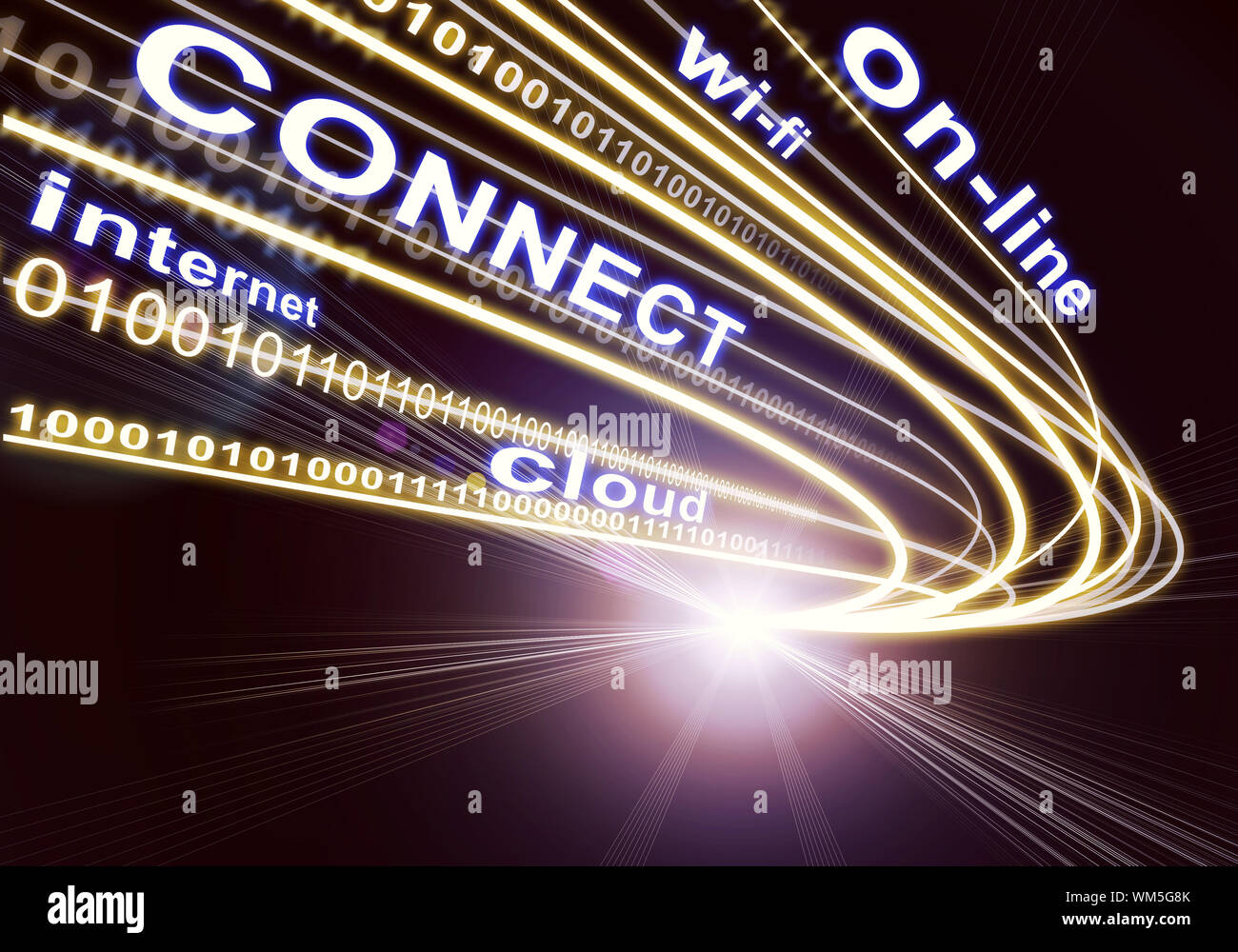 Strom der Lichtstrahlen mit Beschrifteten binären Code und Worte, on-line, Wi-fi, Internet, verbinden, Cloud, auf dunklem Hintergrund. Kommunikationskonzept Stockfoto