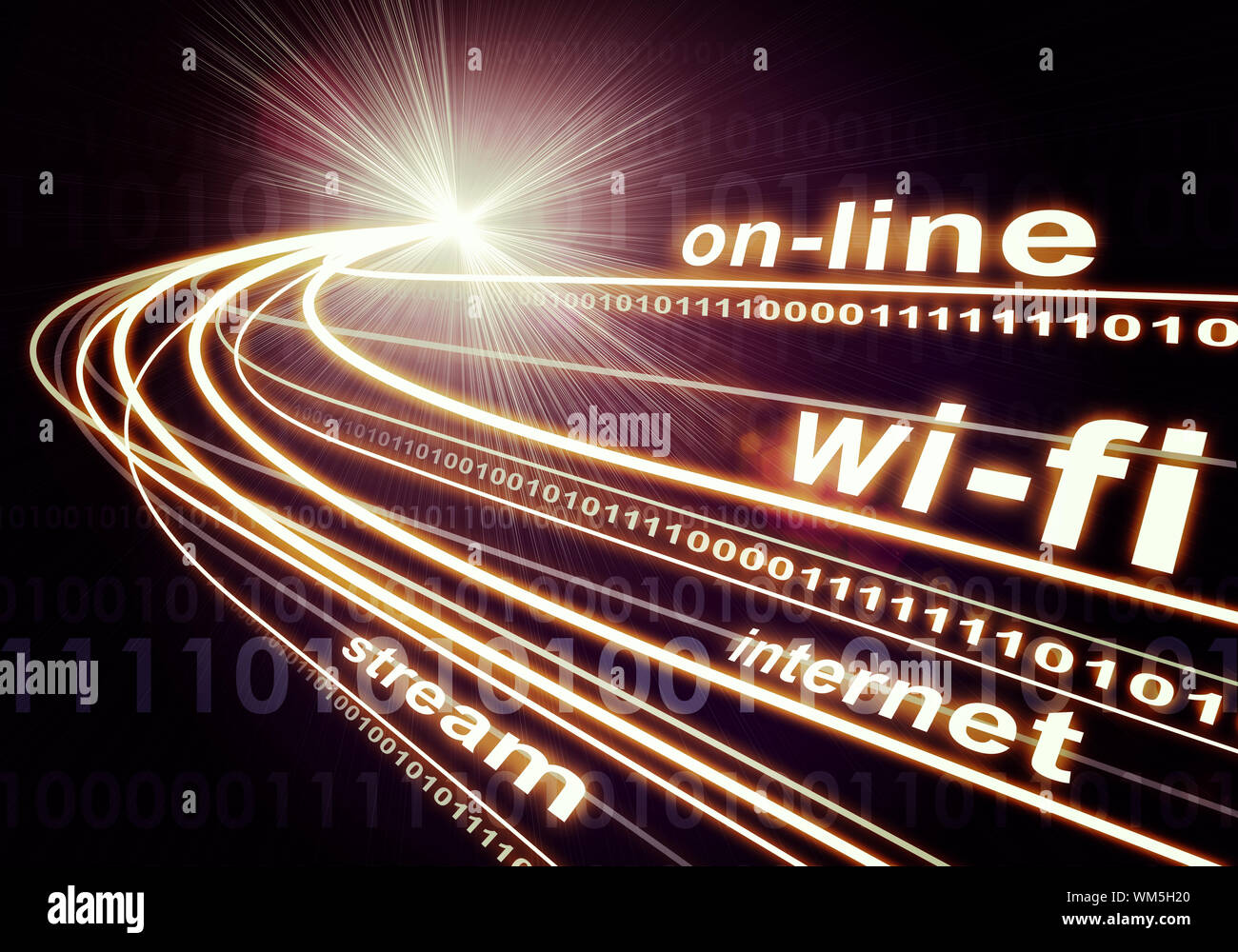 Strom der Lichtstrahlen mit Beschrifteten binären Code und Worte, on-line, Wi-fi, Internet, Strom auf dunklem Hintergrund mit schwachen Linien der Ziffern. Communicati Stockfoto