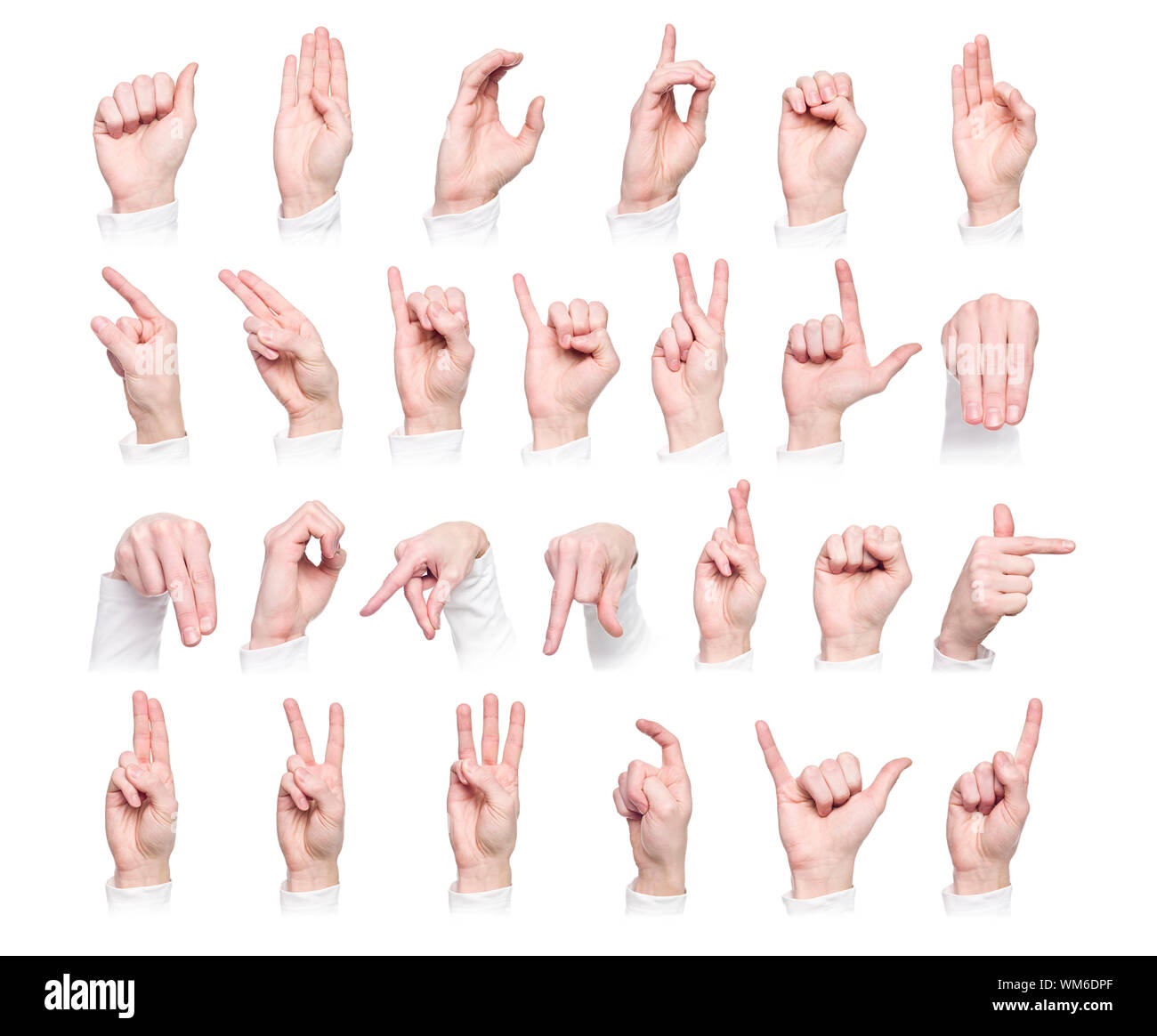 Hände, die die internationale Gebärdensprache vor einem weißen Hintergrund isoliert Stockfoto