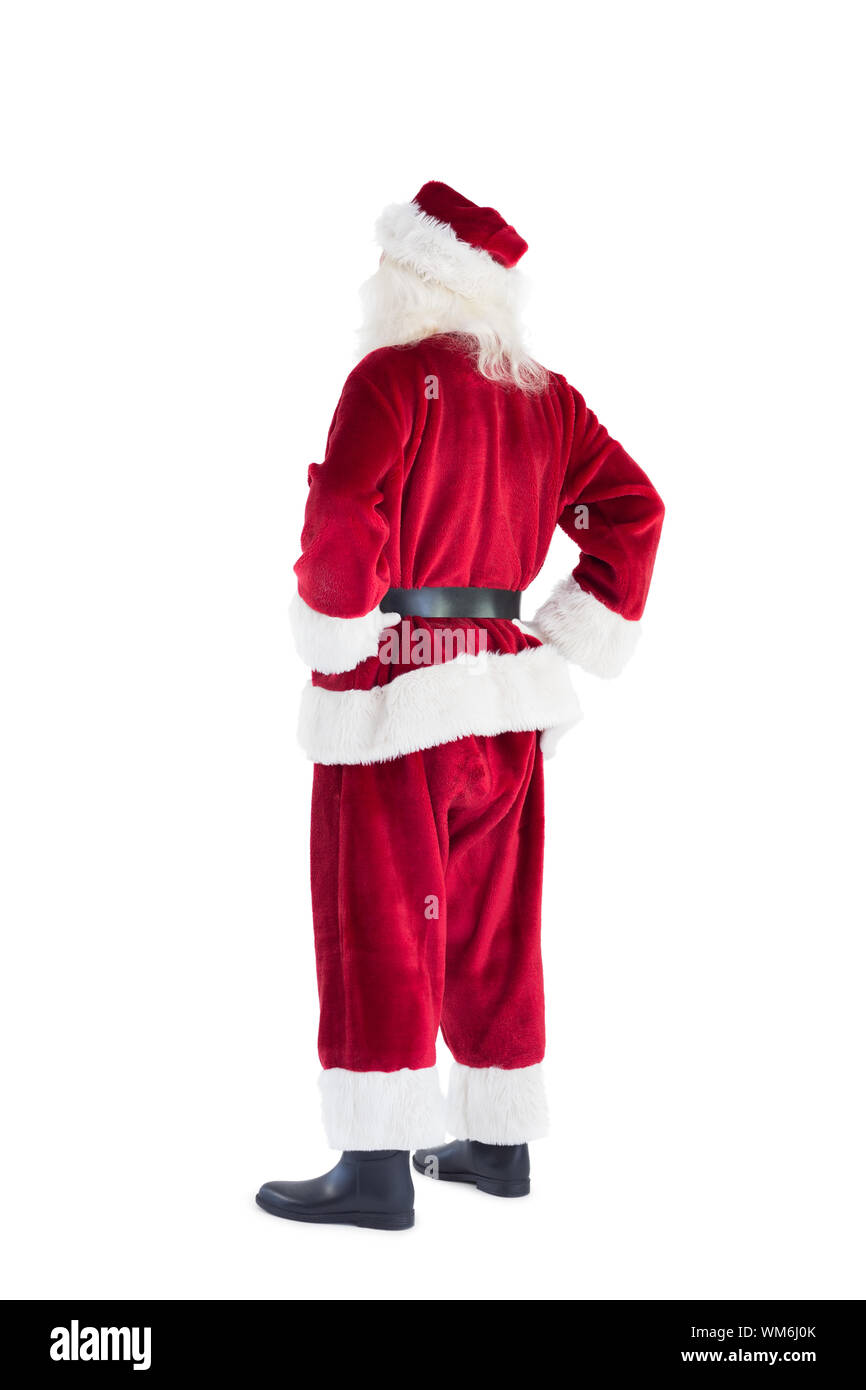 Santa schaut weg von der Kamera auf weißem Hintergrund Stockfoto