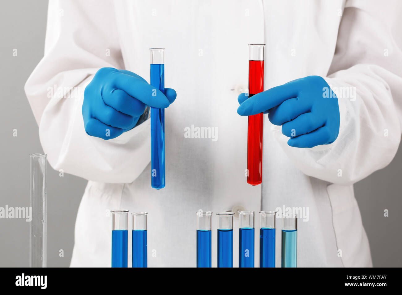 In einem Chemielabor, ein Apotheker hält Röhrchen mit roten und blauen Flüssigkeiten. Medizinischen Experiment. Chemiker arbeitet auf einem Test mit blauen Handschuhe. Stockfoto