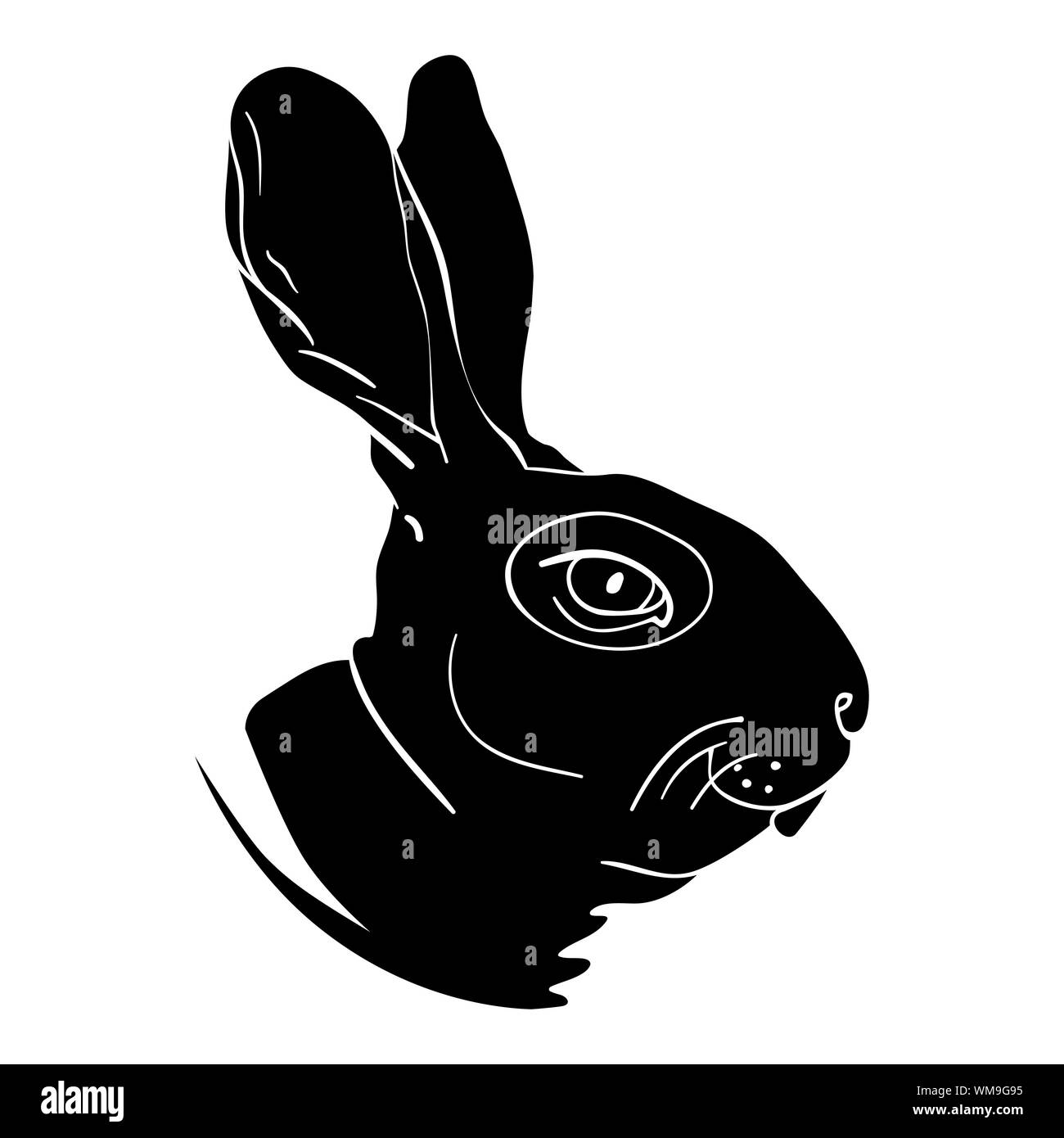 Kaninchen Kopf Avatar, Chinesische Sternzeichen, schwarze Silhouette isoliert auf weißem Stockfoto
