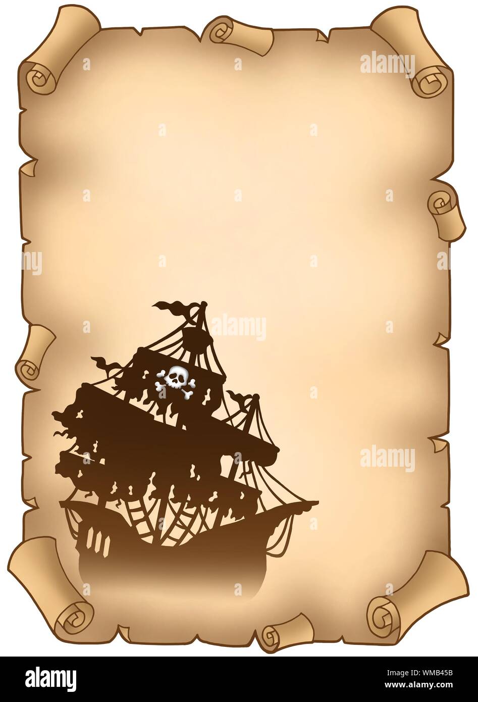 Alte Schriftrolle mit mysteriösen Piratenschiff - farbigen Illustration. Stockfoto