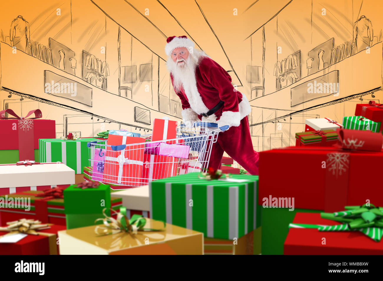 Santa mit Geschenken von Karre gegen orange Vignette Stockfoto