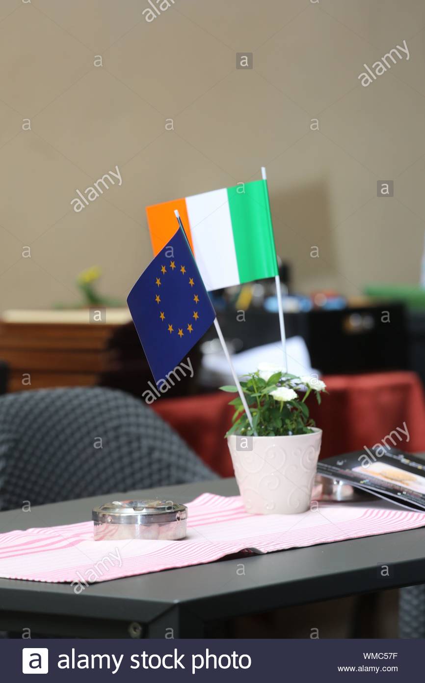 Die EU und die irische Flagge stehen nebeneinander auf einem Tisch während Präsident Michael D Higgins' Besuch in Würzburg in Deutschland. Stockfoto