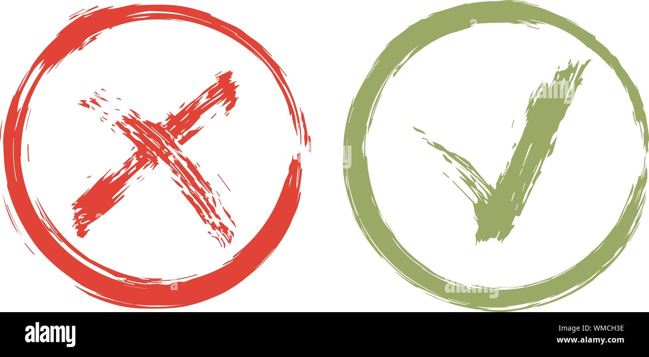 Akzeptanz und Ablehnung Symbol. Grünes Häkchen OK und rotes X Icons isoliert auf weißem Hintergrund. Taste für Check liste Markierungen, Optionen, Übersicht Stock Vektor