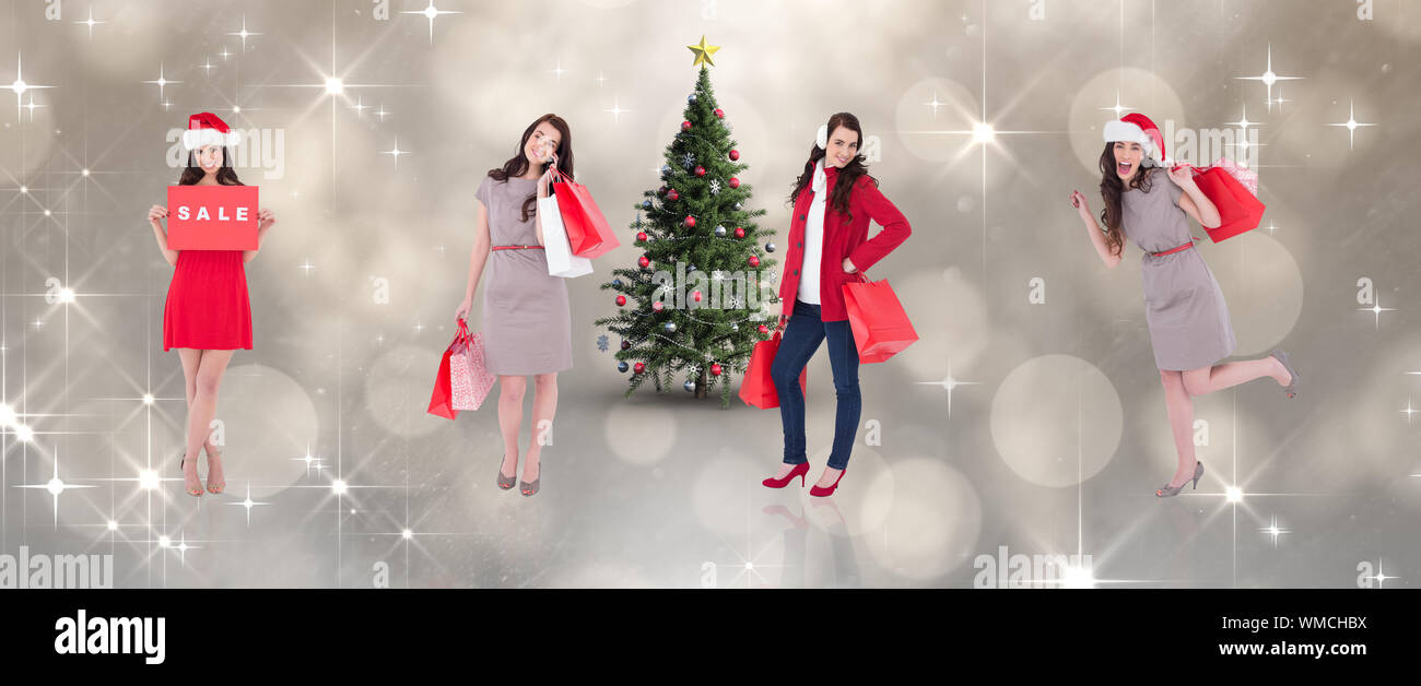 Das zusammengesetzte Bild von verschiedenen eleganten brunettes gegen schimmernde Licht Design auf Grau Stockfoto