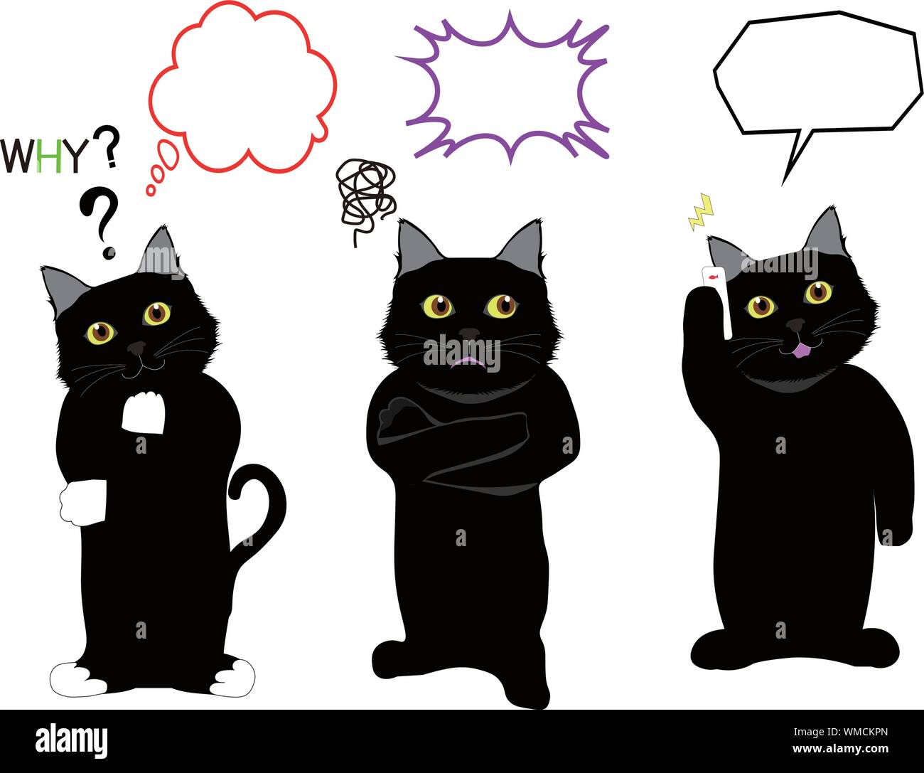 Eine Sammlung von schwarze Katze in Vektoren mit verschiedenen Ausdrucksformen und Callouts Stockfoto