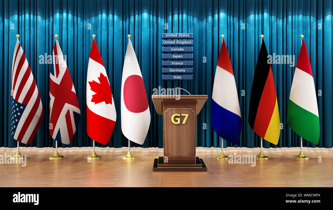 G7-Land Fahnen in einem Konferenzraum arrangiert. 3D-Darstellung. Stockfoto