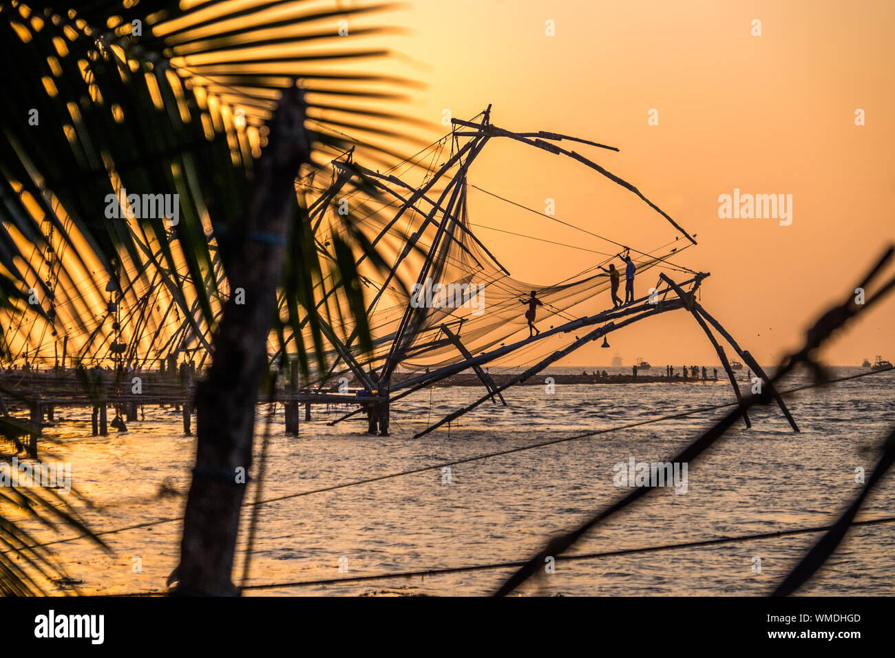 Die chinesischen Fischernetze bei Sonnenuntergang, Kochi/Kochin Indien Stockfoto