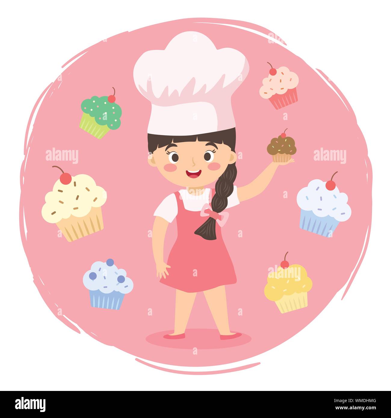 Vector Illustration eines Mädchen mit Chef hat von bunten Cupcakes auf rosa Hintergrund umgeben. Stock Vektor