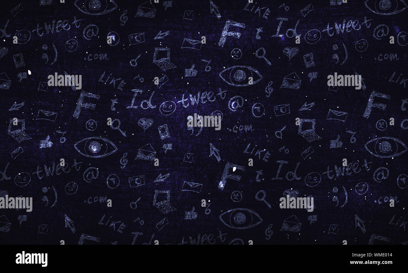 Hintergrund mit Hand gezeichnet social media doodles. Stockfoto