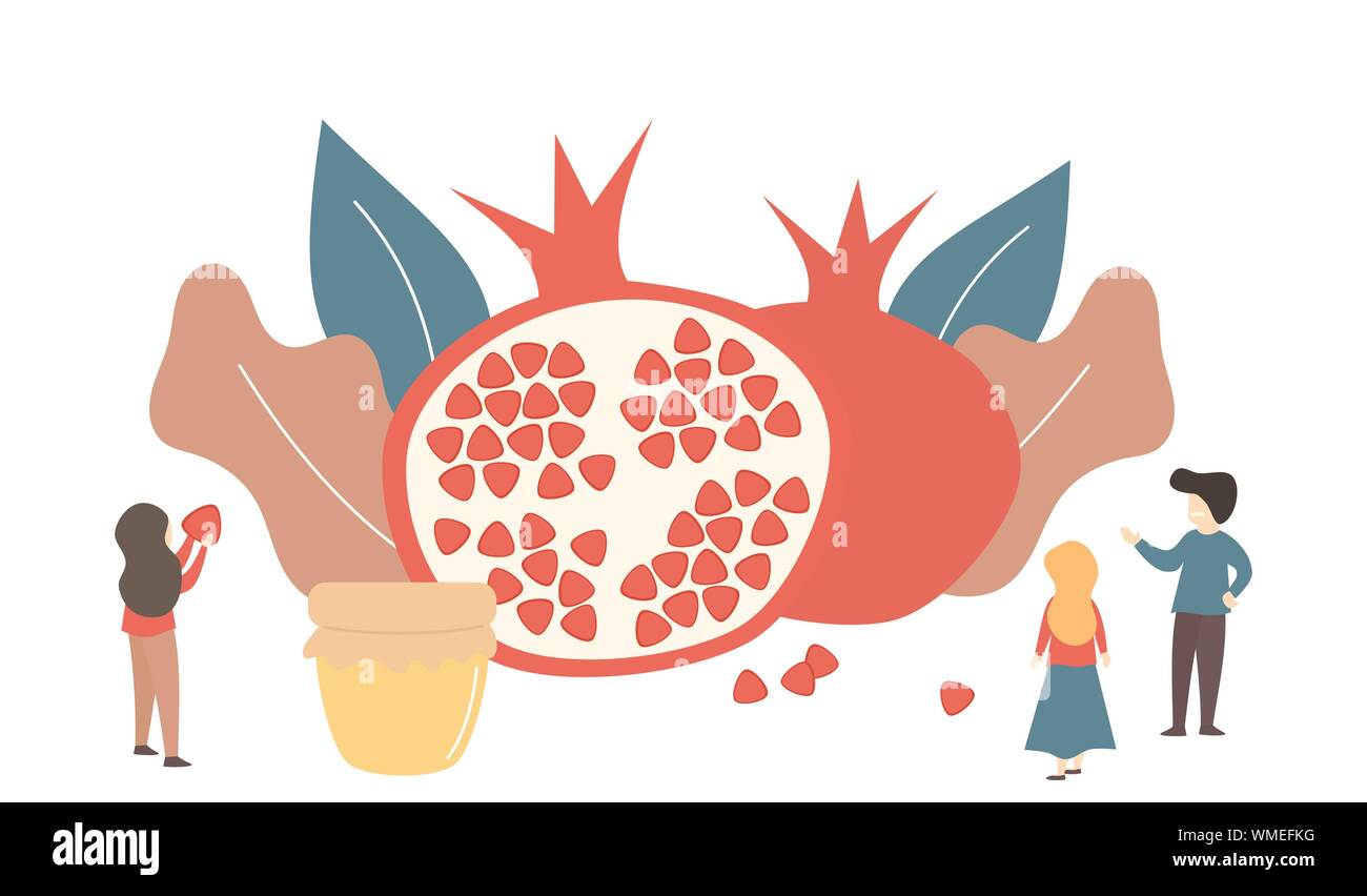 Flache cartoon Vector Illustration für jüdische Feiertag Rosh Hashana mit Granatapfel, Blätter, Honig und kleinen Menschen Stock Vektor