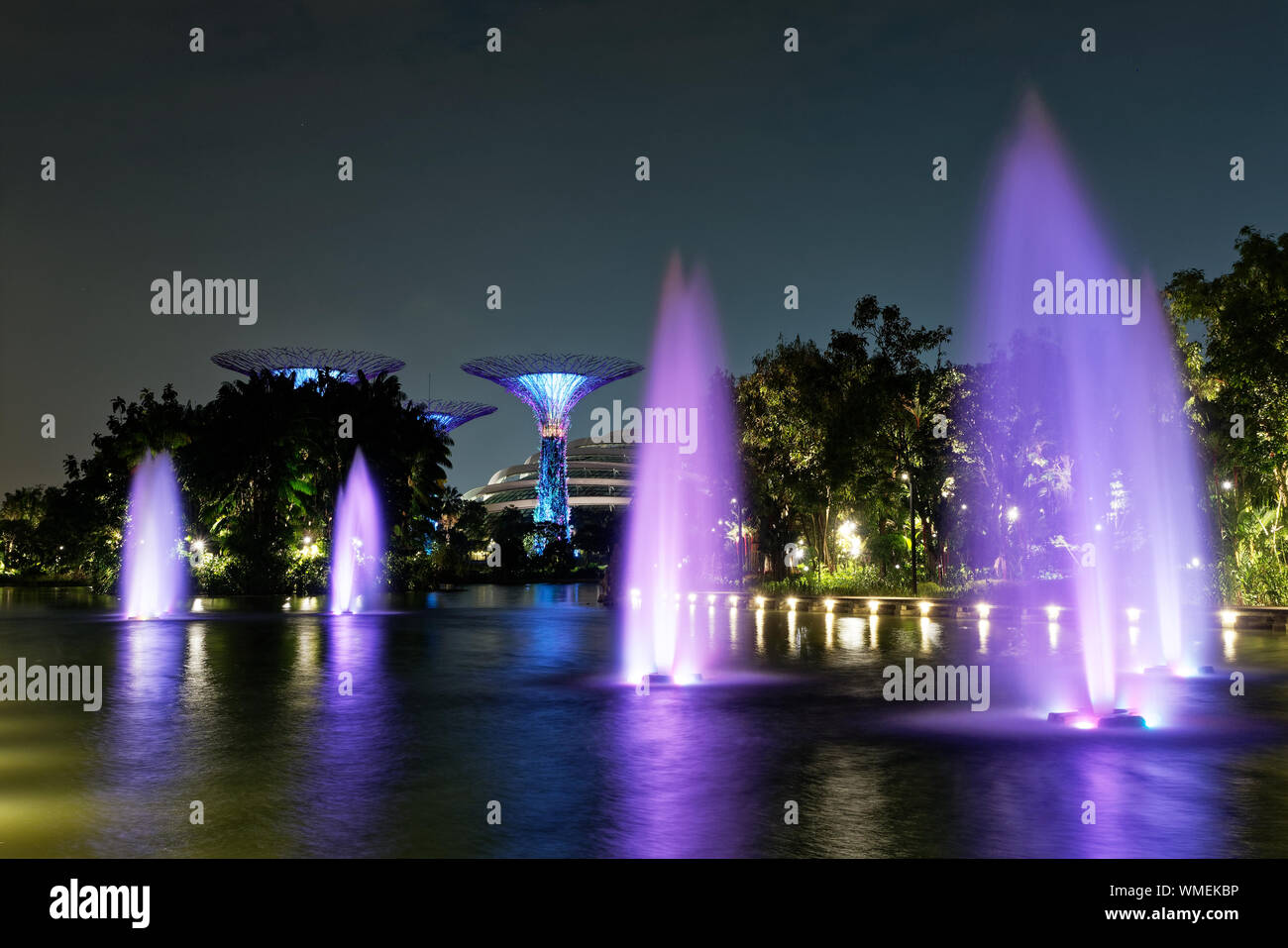 Landschaft in der Nacht - Singapur und Gärten durch die Bucht, bunte Lichter, Wasser und das Hotel in der Form eines Bootes. Stockfoto