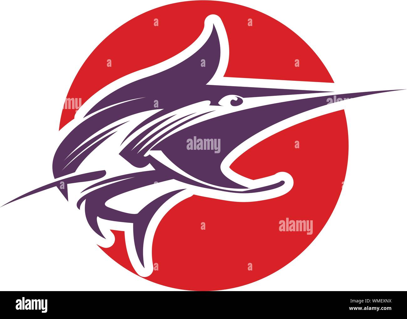 Marlin fischen Logo. Schwert Fisch angeln Emblem für Sport Club. Wütend Marlin Angeln Hintergrund Thema Vector Illustration. - Vektor Stock Vektor