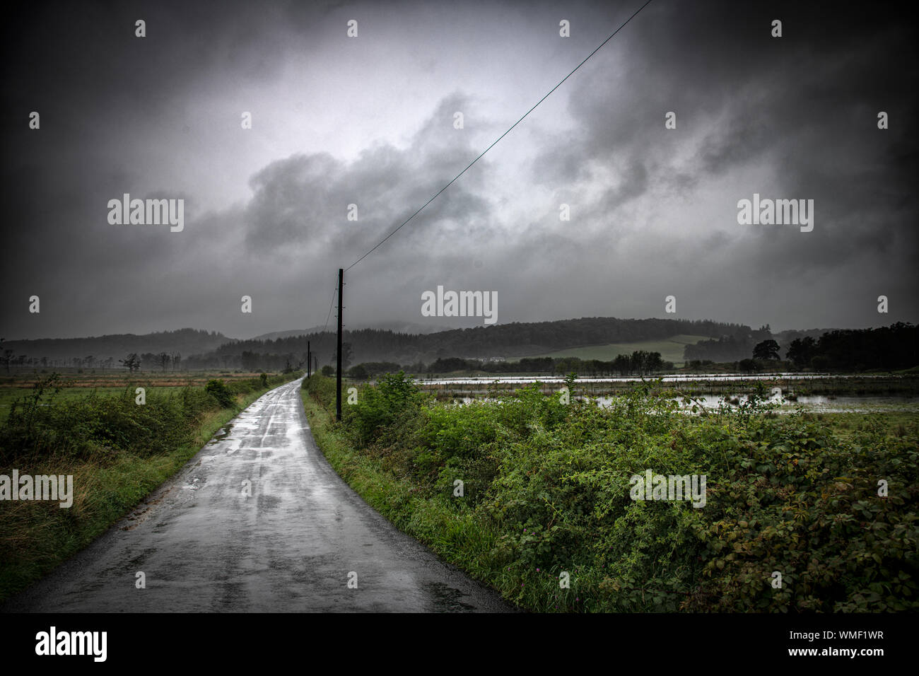 Einen nassen Tag im Lake District. Diese Straße führt über die niedrig liegenden Felder am Fuße der Rusland Tal, einem Gebiet anfällig für Überschwemmungen, weshalb t Stockfoto