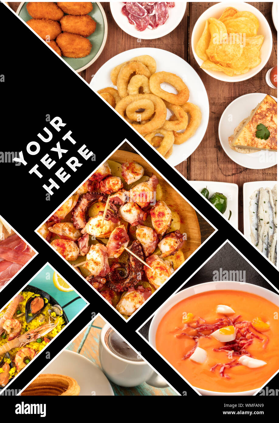 Spanisch Essen Collage Design für ein Banner, Restaurant Menü oder Kochbuch, mit einem Platz für Text oder Logo Stockfoto