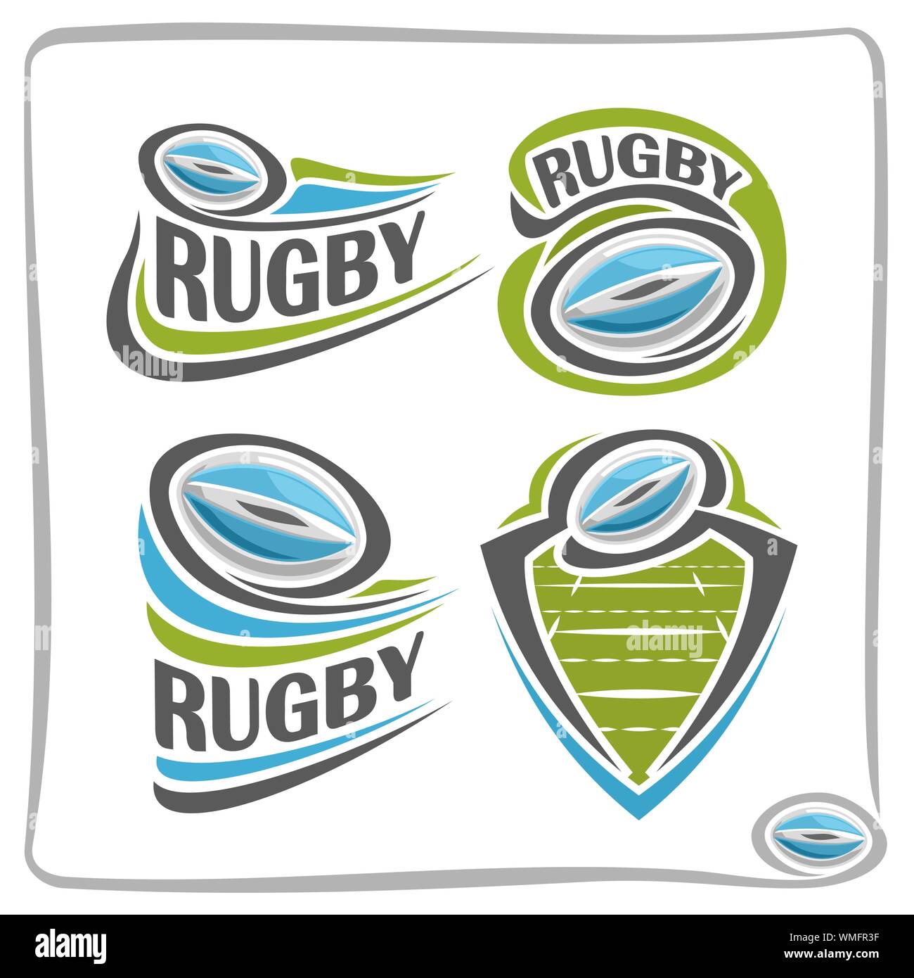 Vektor abstrakte Logo für Rugby, Zeichen für Sport Club, oval Blau rugby ball oben Sommer grünes Feld in Ziel Tor fliegen, isolierte sportliche Symbol auf wh Stock Vektor