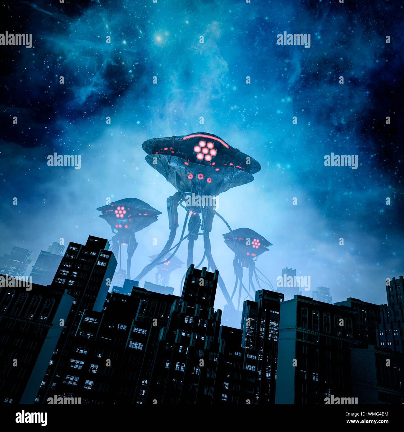 Nacht der Invasion/3D Abbildung: Retro science fiction Szene mit riesigen außerirdischen Maschinen angreifen, Stadt Stockfoto